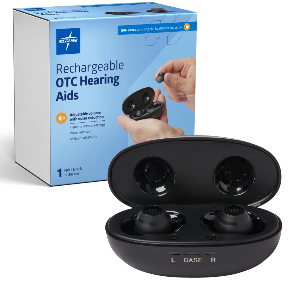 Medline Isıtma OTC İşitme Aids, Black, in-Ear, 4 Çevre Ayarları, Suye Dayanıklı, Atıcı Cilt, Moderate İşitme Kayıpları, Gürültü Azaltımı, Earbud İşitme Aids