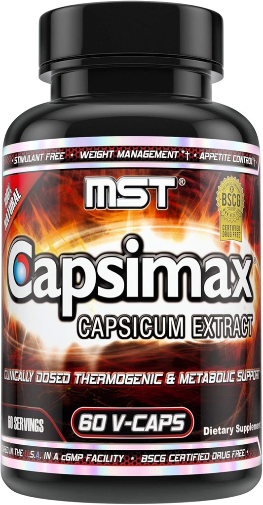 MST Capsimax Supplement 100 mg V Capsules, 60 Klinik olarak Kilo Yönetimi, Termogenic, Appetite Control, Calorie Comb, Metabolic Health, Stimt Free. BSCG sertifikalı