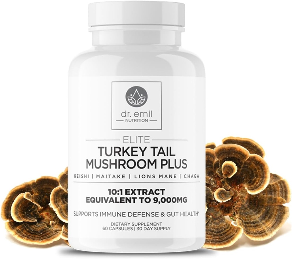 DR. EMIL NUTRITION Turkey Tail Mushroom Capsules - Türkiye Tail Mushroom Supplement for Immunity & Gut Health - Lion's Mane, Chaga, Reishi & Maitake