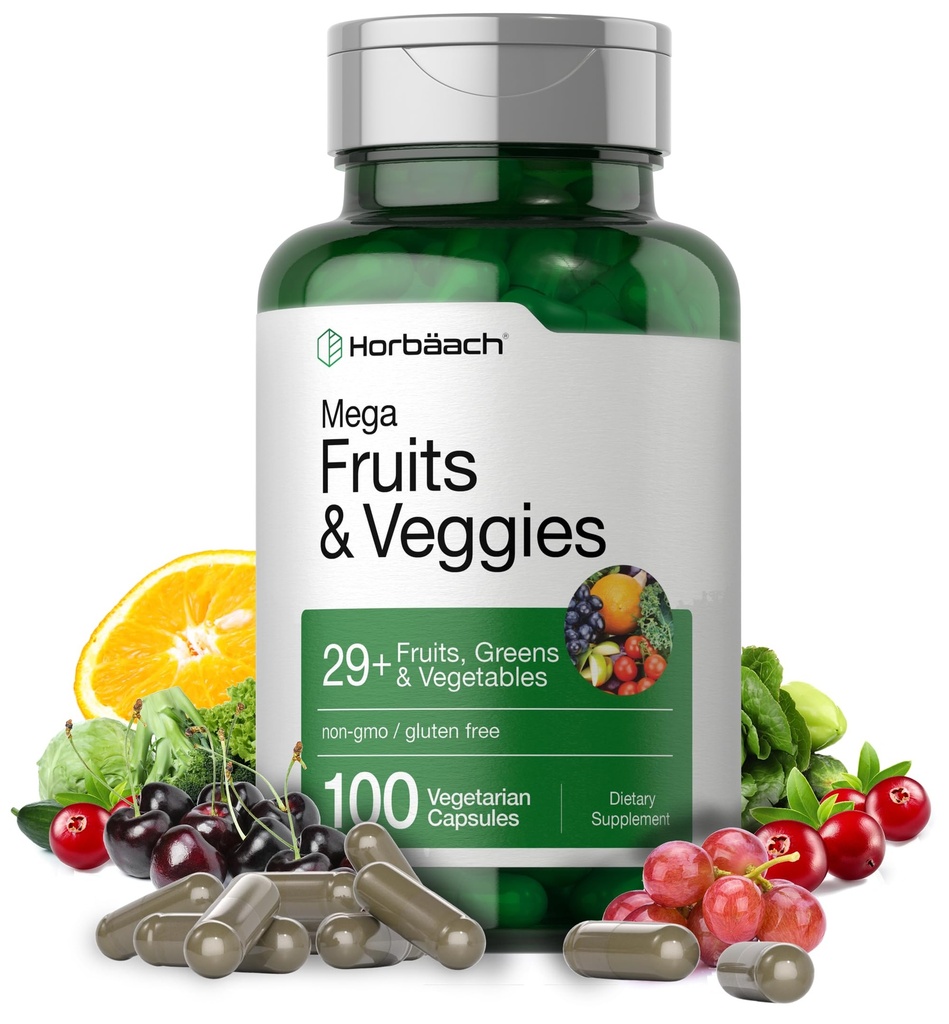 Horbäach Mega Meyveleri ve Veggies Supplement | 100 Capsules | Vegetarian, Non-GMO ve Gluten Free