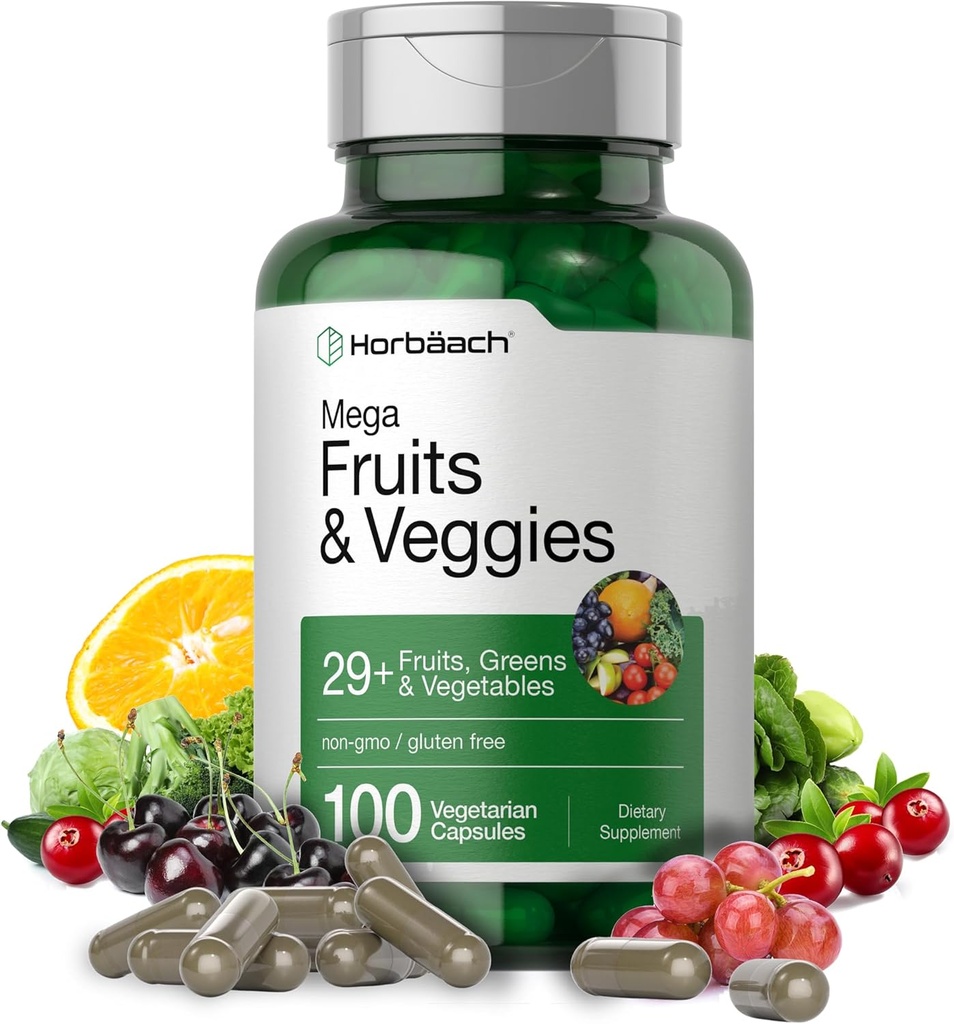 Horbäach Mega Meyveleri ve Veggies Supplement | 100 Capsules | Vegetarian, Non-GMO ve Gluten Free
