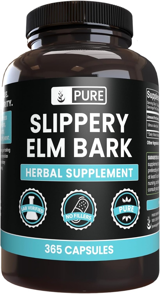 Pure Original Materialss Slippery Elm Bark (365 Capsules) No Magnezyum Or Rice Fillers, Her zaman Pure, Lab Onaylandı