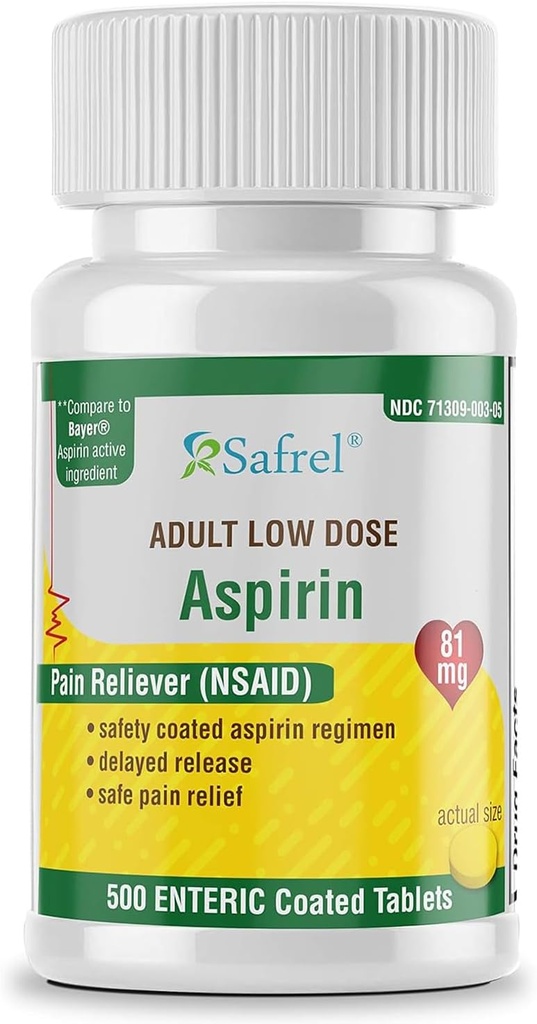 Safrel Genric Bayer Bebek aspirin 81 mg (500 Temalı Tabletler) | Yetişkin Low Dose Strength Safe Pain Reliever (NSAID) for Minor Aches | Value Pack