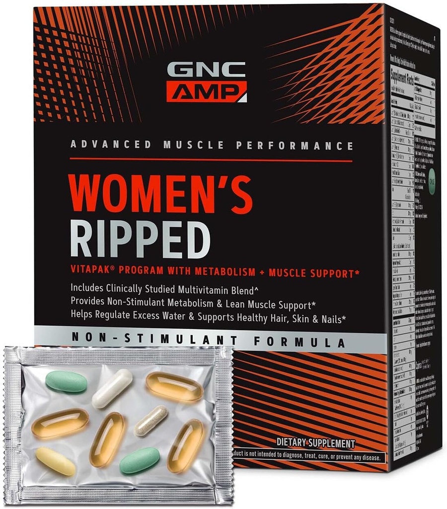 GNC AMP Women’s Rippped Non-Stim Vitapak Program, 5 Προϊόντα σε 1 Συσκευασία Βιταμίνης, Μεταβολισμός & Λίπος Μύες, Νερό Shedding, Αποδεδειγμένα Συστατικά, CLA, Βιοτίνη, Πολυβιταμίνη, Καφεΐνη Δωρεάν, 30-Day Supply
