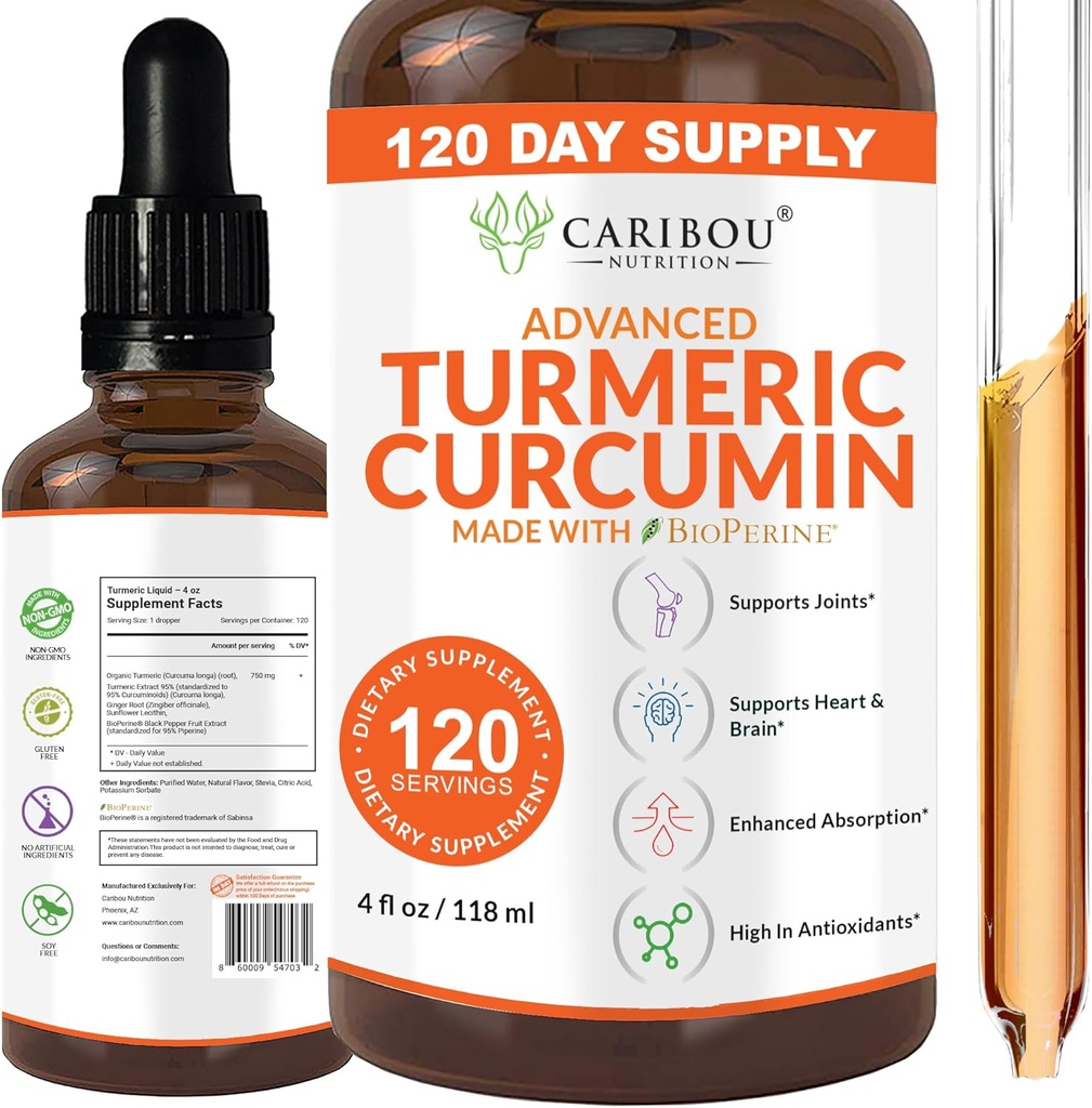 Sıvı Turmeric Curcumin with Bioperine for improved Abpole - Turmeric Curcumin Supplement for Joint Support - Turmeric Extract with Black Pepper - 2 Moon Supply - 4oz