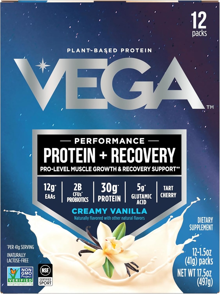 Vega proteini + Recovery - 30g Plant-Based protein per Service, Vanilla, 12 x 1.6oz Sachets, 5g BCAAs, Probiyotiks, NSF sertifikalı, For Shakes & Smoothies, (Package May Vary)