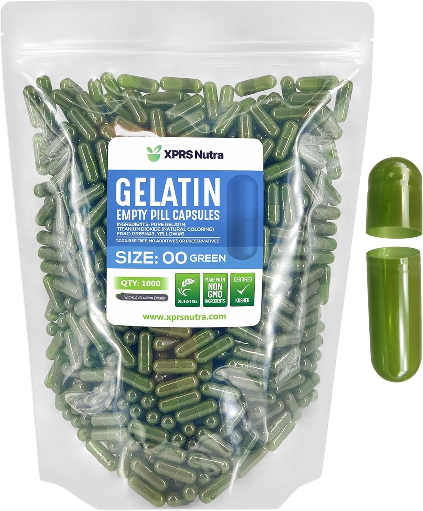 XPRS Nutra Μέγεθος 00 Κενές κάψουλες - 1000 Count Empty Gelatin Κάψουλες - Χάπια DIY Καψάκιο Γέμισμα - Γέμισμα χάπια Gel Caps για Do-It-Yourself Συμπληρώματα (Πράσινα)