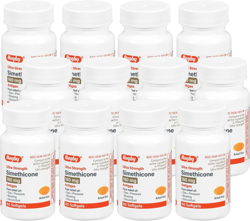 Rugby Ultra Strength Simethicone Gas Relief 180 mg - Yetişkinler için maksimum Gaz Yardımı - Flatulence, Bloating, Gas Fullness - 60 Softgels (12 Pack)
