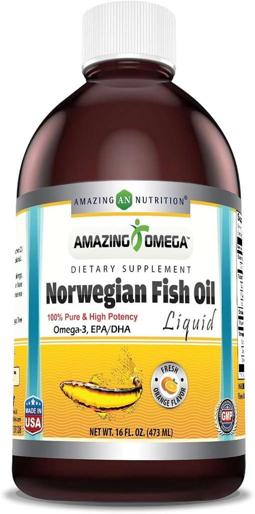 Amazing Omega Norveç Fish Oil 16 Oz Supplement | 1625mg Omega -3s, DHA, EPA per Service | Fresh Orange Flavor | Non-GMO | Gluten Free