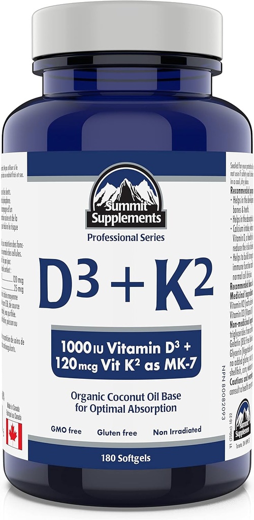 Summit Supplements - Vitamin D3 K2, 180 Softgels - Sağlıklı Kemikleri, Dişleri ve Kasları Korumanıza Yardımcı olmak için formüle edilmiştir - Bodyuba Aborpsiyonunu Destekleyin ve Fractures Risklerini Azaltın