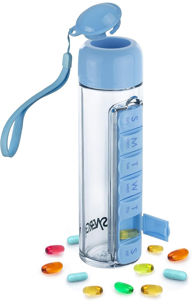 Synergy Water Şişe & Pill Organizer - Su, Meyve, Vitaminler için Seyahat Depolama Konteyneri - Portre 7 Günlük Pillbox - Açık, Spor, Seyahat - Kolay Taş - 400 ml (Mavi)