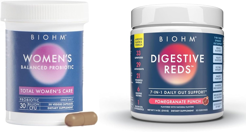 BIOHM Γυναικεία Προβιοτικά 30B CFU & 210 oz Essential Digestive Reds Powder Bundle, Comprehensive Gut & Κολπική Υποστήριξη Υγείας, Πλούσια σε Αντιοξειδωτικά, Ένζυμα, Βιταμίνες