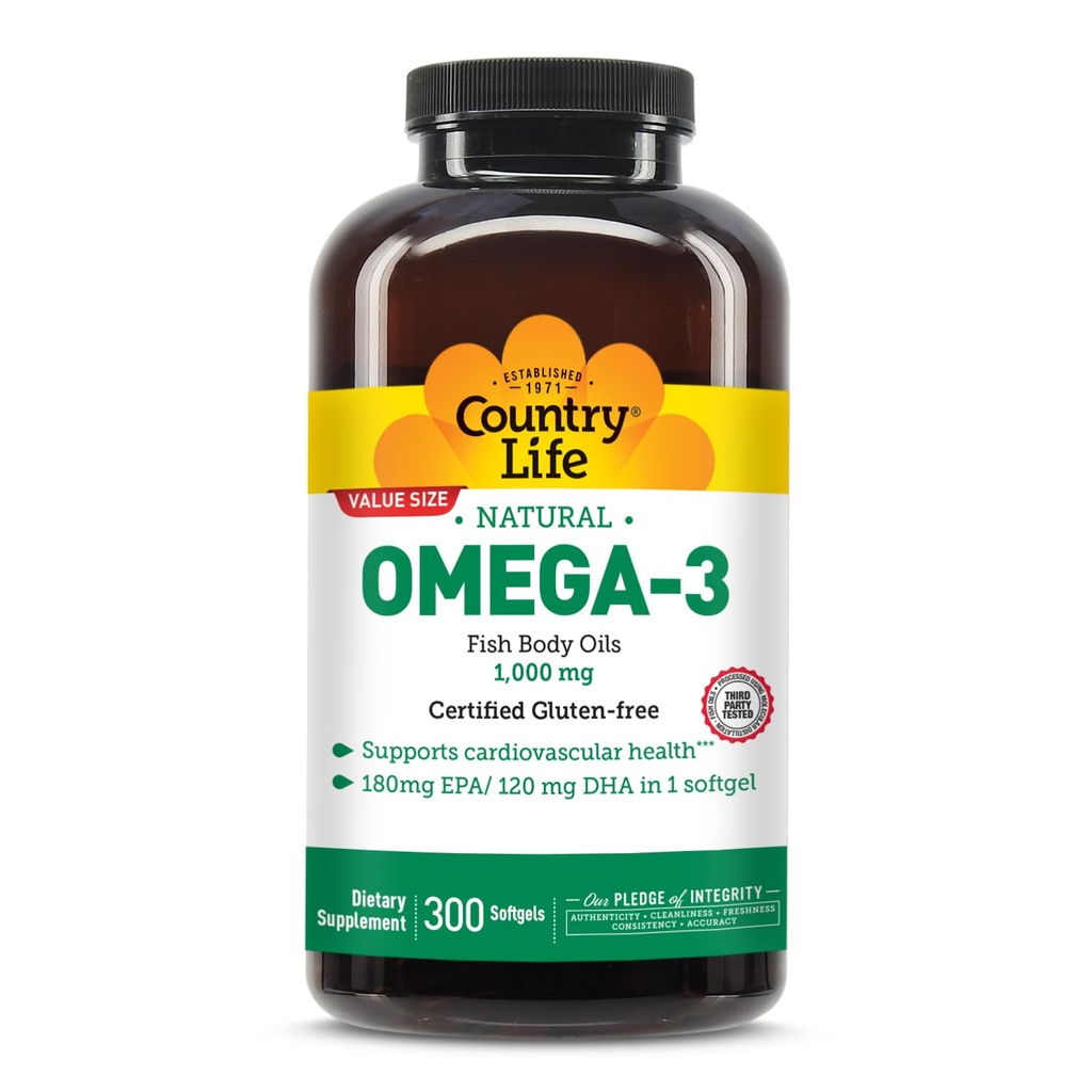 Ülke Life Omega-3 Fish Oil Supplement, 1000 mg, 180mg EPA & 120 mg DHA, Fish Oil Inter, Burpless, 300 Softgels, sertifikalı Gluten Free