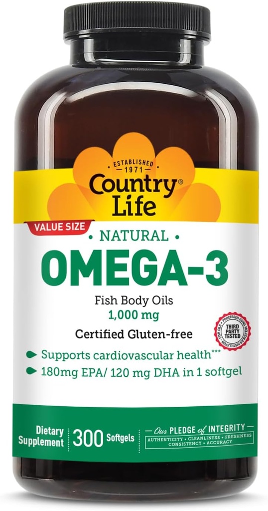 Ülke Life Omega-3 Fish Oil Supplement, 1000 mg, 180mg EPA & 120 mg DHA, Fish Oil Inter, Burpless, 300 Softgels, sertifikalı Gluten Free