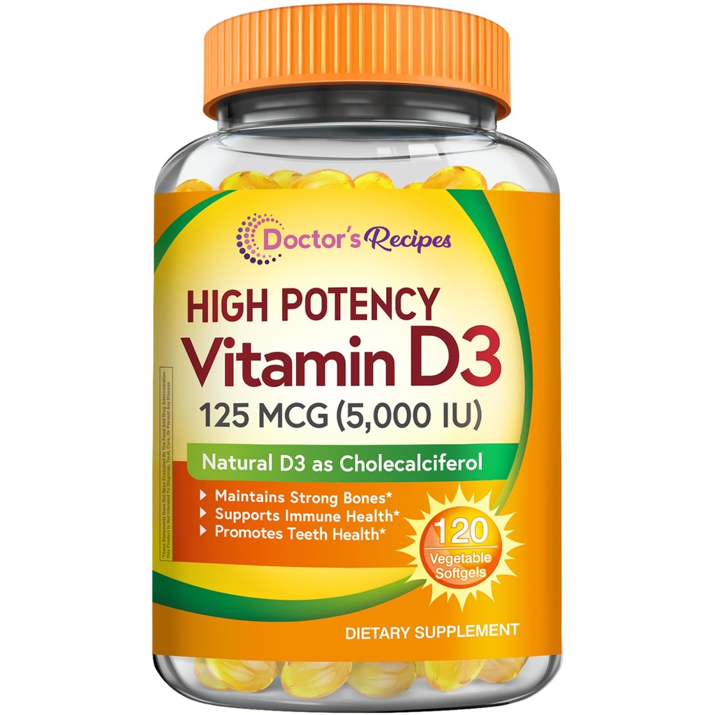 Doktor'un Vitamini D3 5000IU, Kemikler, Dişler ve Immune Function, Non-GMO, No Gelatin, Gluten veya Soy, 120 Vegetarian Softgels
