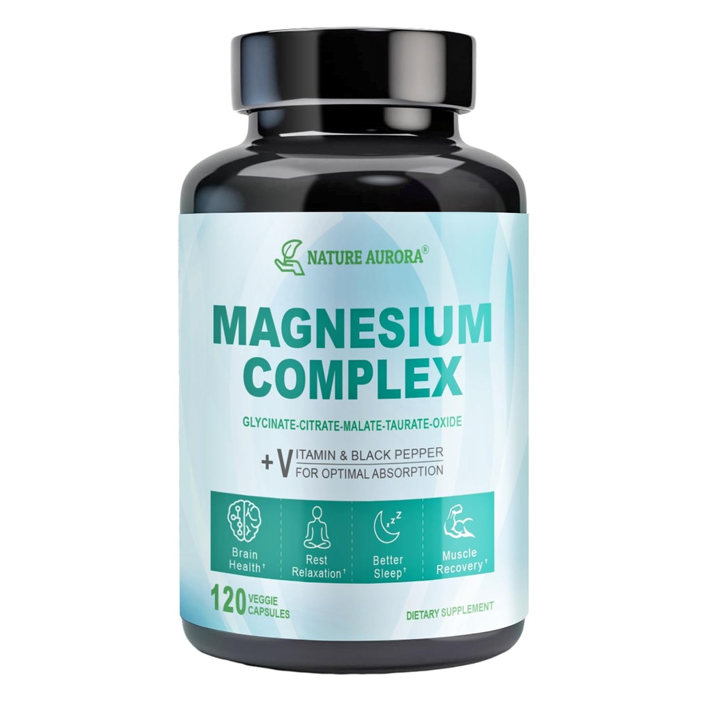 Magnezyum Kompleksi Tamam - Chelated Magnezyum Glycinate, Citrate, Taurate, Malate, Oksit Capsules - Uyku için Yüksek Aborpsiyon Magnezyum, Leg Cramps, Muscle Relief, 400 mg, 120 Veggie Capsules