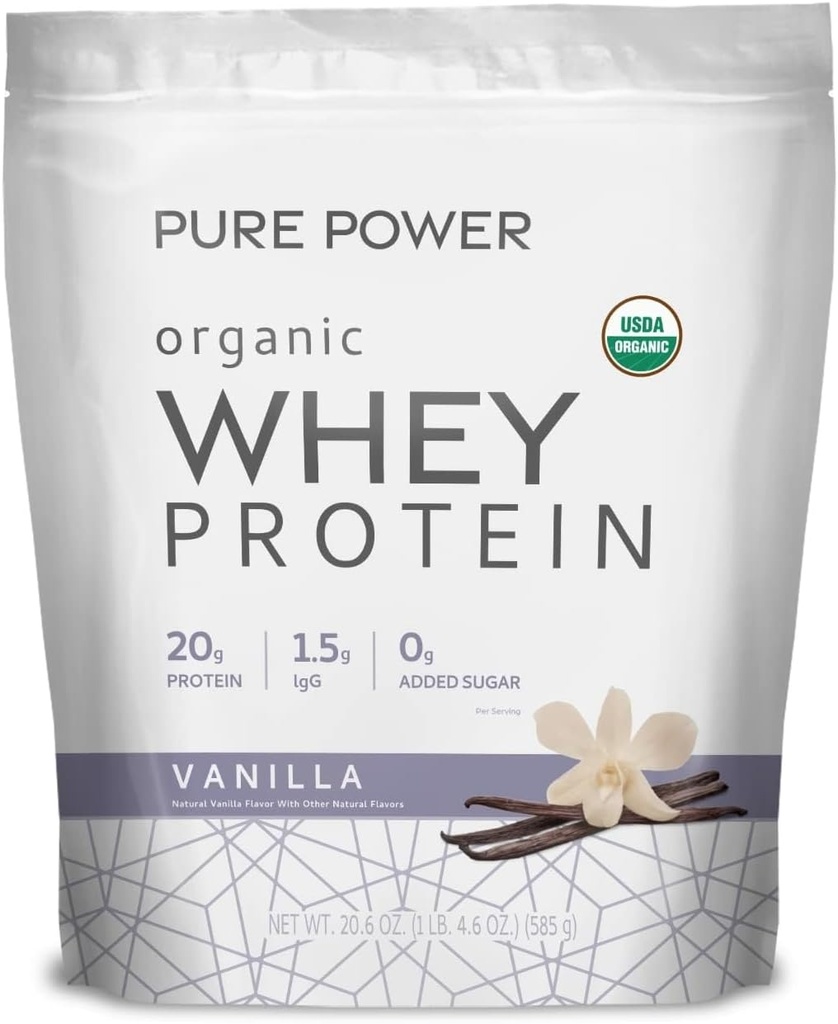 Dr. Mercola Pure Power Organic Whey Protein - 20 g Protein - Supports Muscle Growth & Energy - Grass-Fed Whey Concentrate - 15 Servings (20.60 oz) - Vanilla