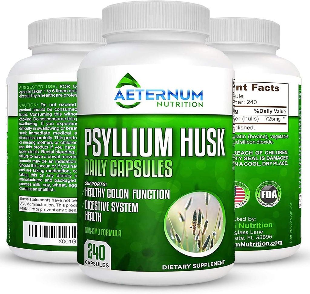 Aeternum Psyllium Husk Caps USA Made - Premium All Natural Fiber Supplement - 240 Husk Powder Caps 725 Mg per Serving, Supports Healthy Digestive System - All Natural 100% Soluble