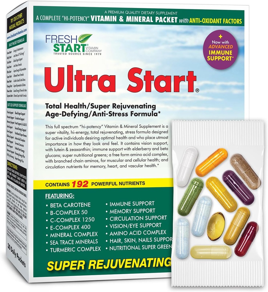 Ultra Start Complete Daily Vitamin Paketi | Anti-Aging, Stres Desteği, Immune ATM | A, B, C, D, E, Biotin, Minerals, Elderberry, Beta Glucans, Mushrooms, Platinum Acids, Turmeric (30 Packets)