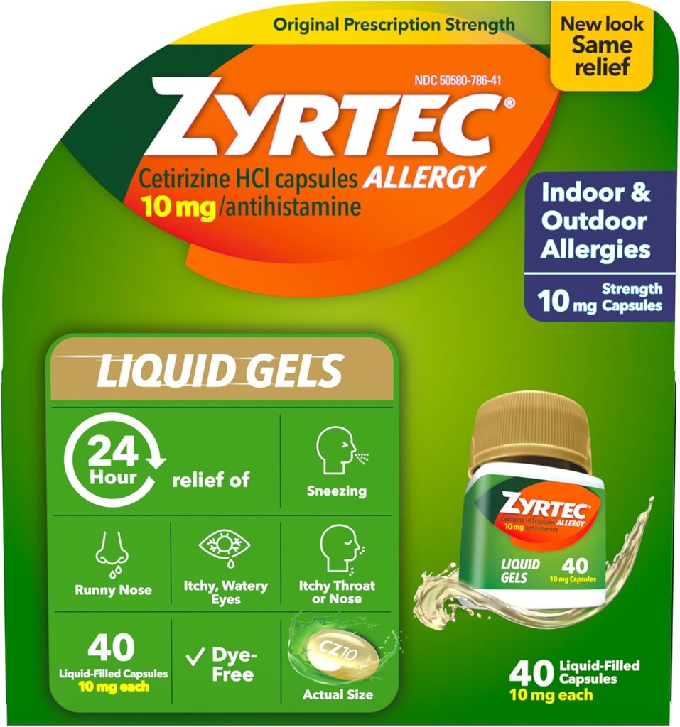 Zyrtec 24 Saat Antihistamin Capsules ile Cetirizine HCl Antivirüs Tıpı Runny Nose, Sneezing, Itchy Eyes & More, 40 Count