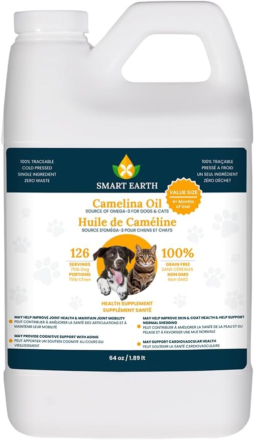 Smart Earth Camelina Oil for Dogs - Ωμέγα 3, 6, 9 συμπλήρωμα για το υγιές δέρμα, γυαλιστερό παλτό και ευέλικτες αρθρώσεις - Dog Joint Supplement - Natural Canine Wellness - Ωμέγα 3 για σκύλους (Συμπεριλαμβάνεται το κουτάκι - 64oz)