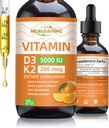 Organik D3 + K2 Drops: 5000 IU Plant-Based D3 & 200 C2 Sıvı Supplements | Immune Support, Bone Health & Heart Care | Vegan, Non-GMO (30 ml)