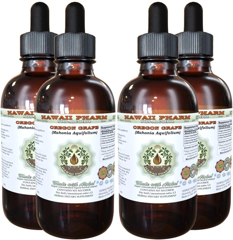 Hawaii Pharm Oregon Grape Alkol Özgür Sıvı Ekstraksiyon, Oregon Grape (Mahonia aquifolium) Kuru Kök Glycerite Natural Herbal Supplement, USA 4x4 fl.oz