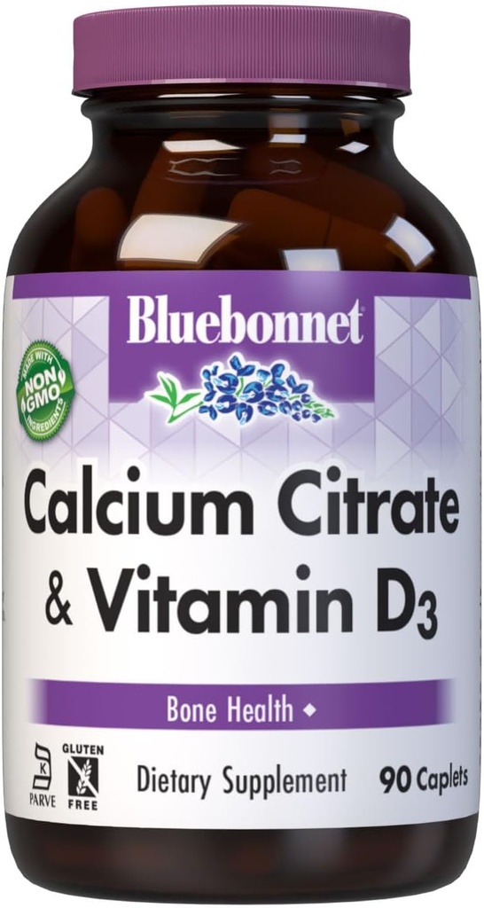 Bluebonnet Beslenme Gıda Citrate & Vitamin D3, Bone Health*, Non-GMO, Kosher Parve, Gluten-Free, Soy-Free, 90 Caplets, 22.5 Servisler