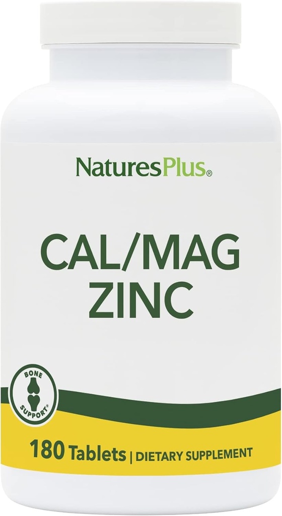 NaturesPlus Cal/Mag/Zinc - 1000 mg Ασβέστιο, 500 mg Μαγνήσιο, 75 mg Ψευδάργυρος - 180 χορτοφαγικά δισκία - Πολλαπλό συμπλήρωμα ορυκτών, υποστηρίζει την υγεία των οστών, της καρδιάς και του ανοσοποιητικού - Χωρίς γλουτένη - 45 Σερβιέτες
