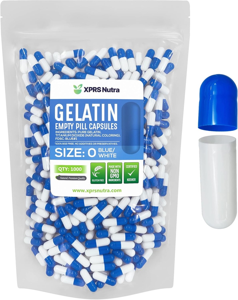 XPRS Nutra Boyutu 0 Boş Kapsüller - 1000 Kont Boş Gelatin Capsules - Pills DIY Capsule - Pure Bovine Pill Gel Caps For Do-It- Yourself Supplements (Mavi/Beyaz)