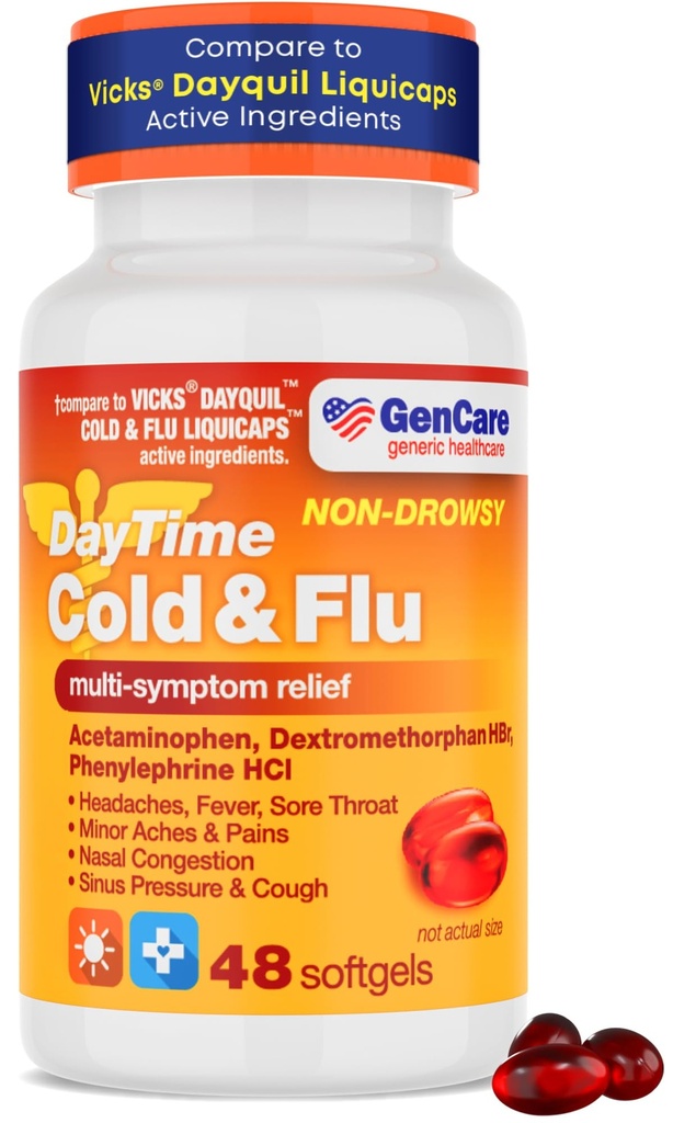 GenCare - Multi Symptom Non Drowsy Daytime Cold & Flu Relief Acetaminophen 325 mg, Dextromethorphan HBr 10 mg, Phenylephrine HCl 5 mg (48 Softgels) Habit Form Ağrı Reliever & Nasal Decongestant