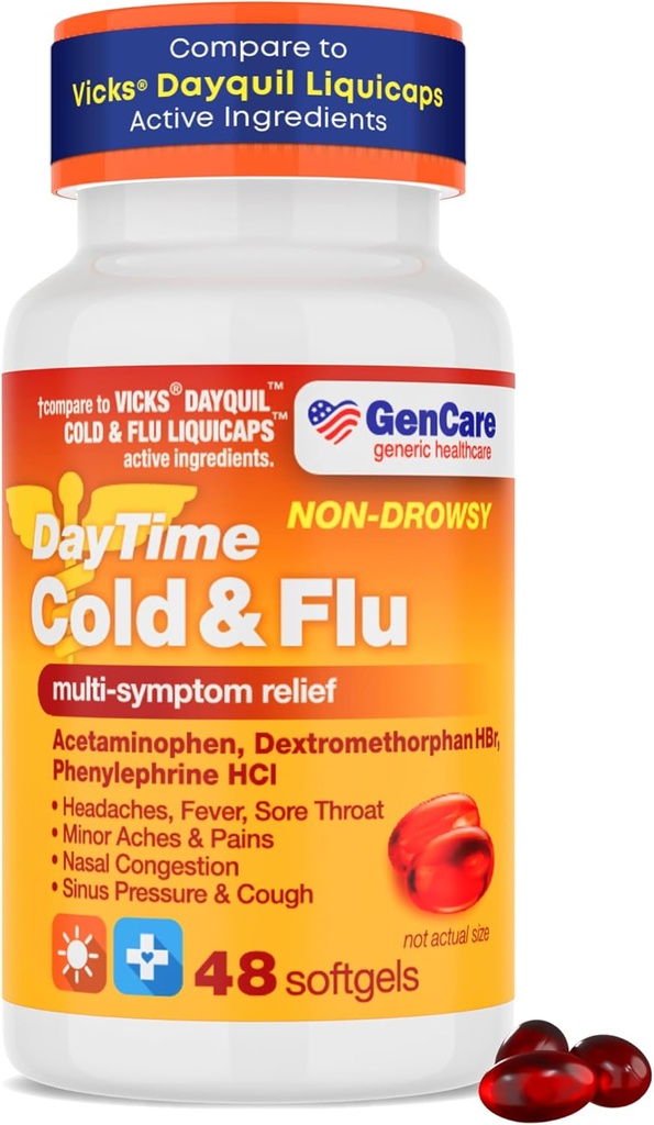 GenCare - Multi Symptom Non Drowsy Daytime Cold & Flu Relief Acetaminophen 325 mg, Dextromethorphan HBr 10 mg, Phenylephrine HCl 5 mg (48 Softgels) Habit Form Ağrı Reliever & Nasal Decongestant