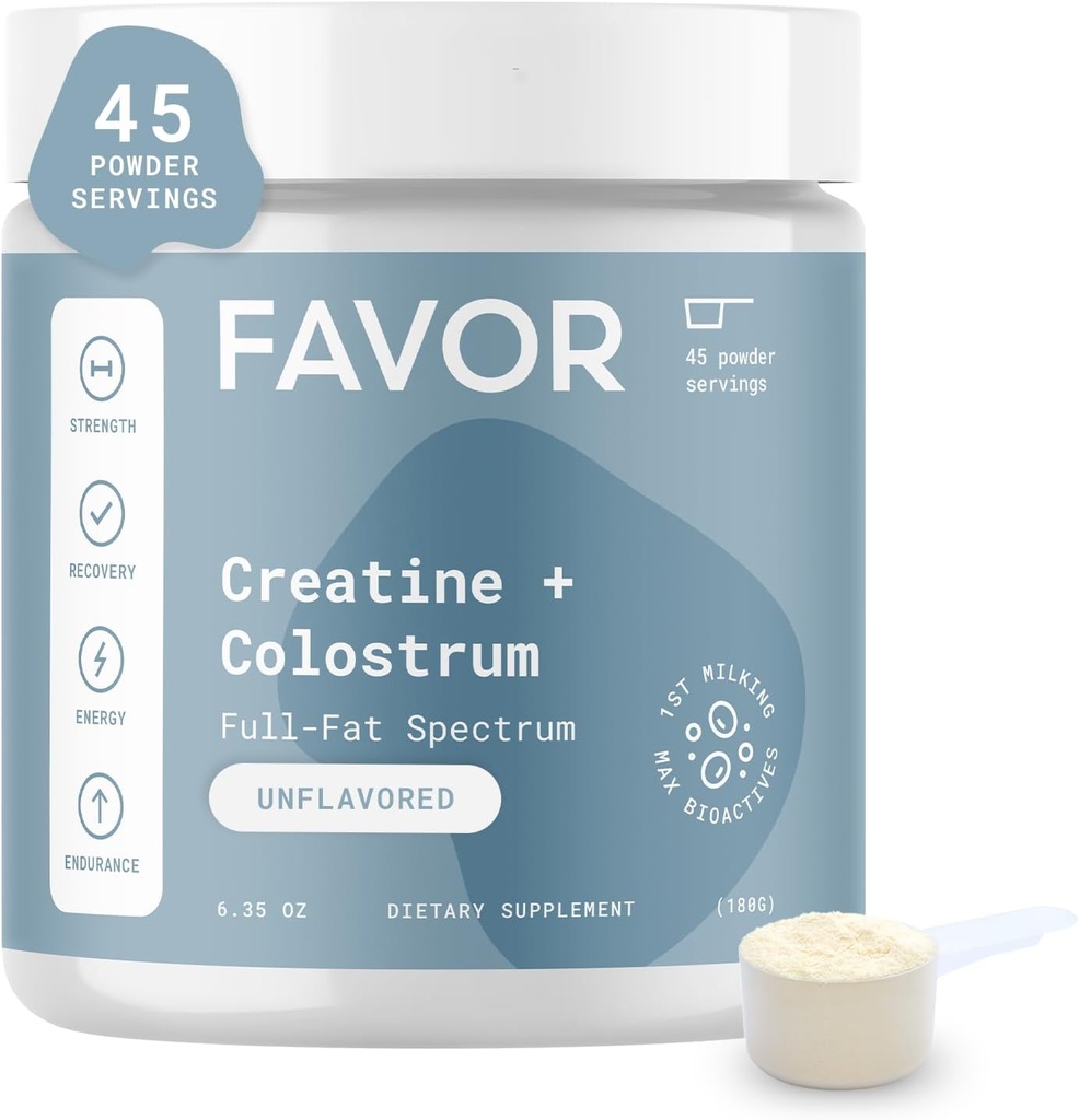 Favor Kretine ve Bovine Colostrum Toz - Kretine Monohidrat İnek Colostrum Supplement, High Immunoglobulin IgG, Strength, Muscle Recovery ve Gut Health for Men and Women, 45 Services, Unflavored