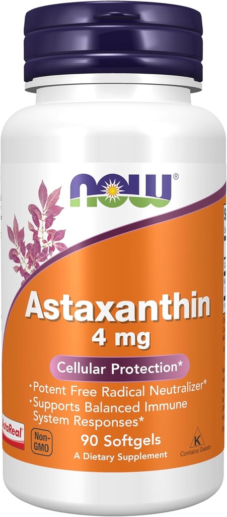 Şimdi Tamamlar, Astaxanthin 4 mg Non-GMO Haematococcus Pluvialis Microalgae'den elde edilen ve doğal olarak Lutein, Canthaxanthin ve Beta-Carotene, 90 Softgels
