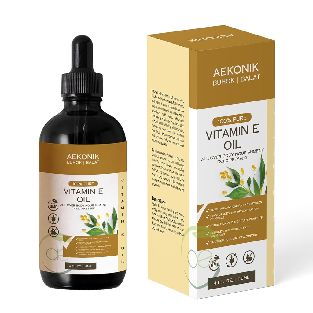 Organic Vitamin E Oil - Essential Pure Vitamin E Oil For Body Care and Skin Care - 4-Oz Bottle for Dry Skin, Wrinkles, Stretch Marks, Acne & Anti-Aging