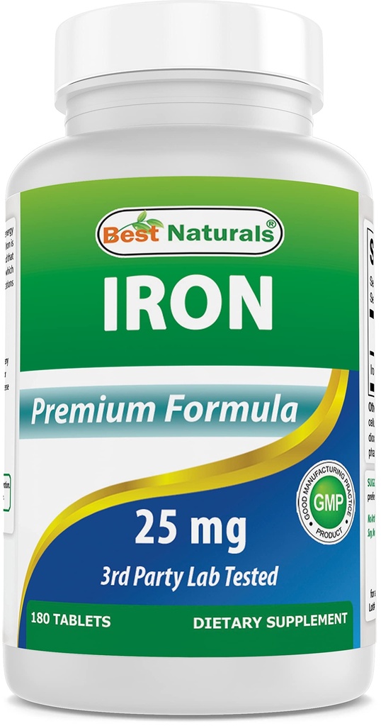 En İyi Doğallar Demir Supplement (Iron Bisglycinate) - 25mg - 180 Tablet - Stomach'nın Nazileri - Non-Constipating