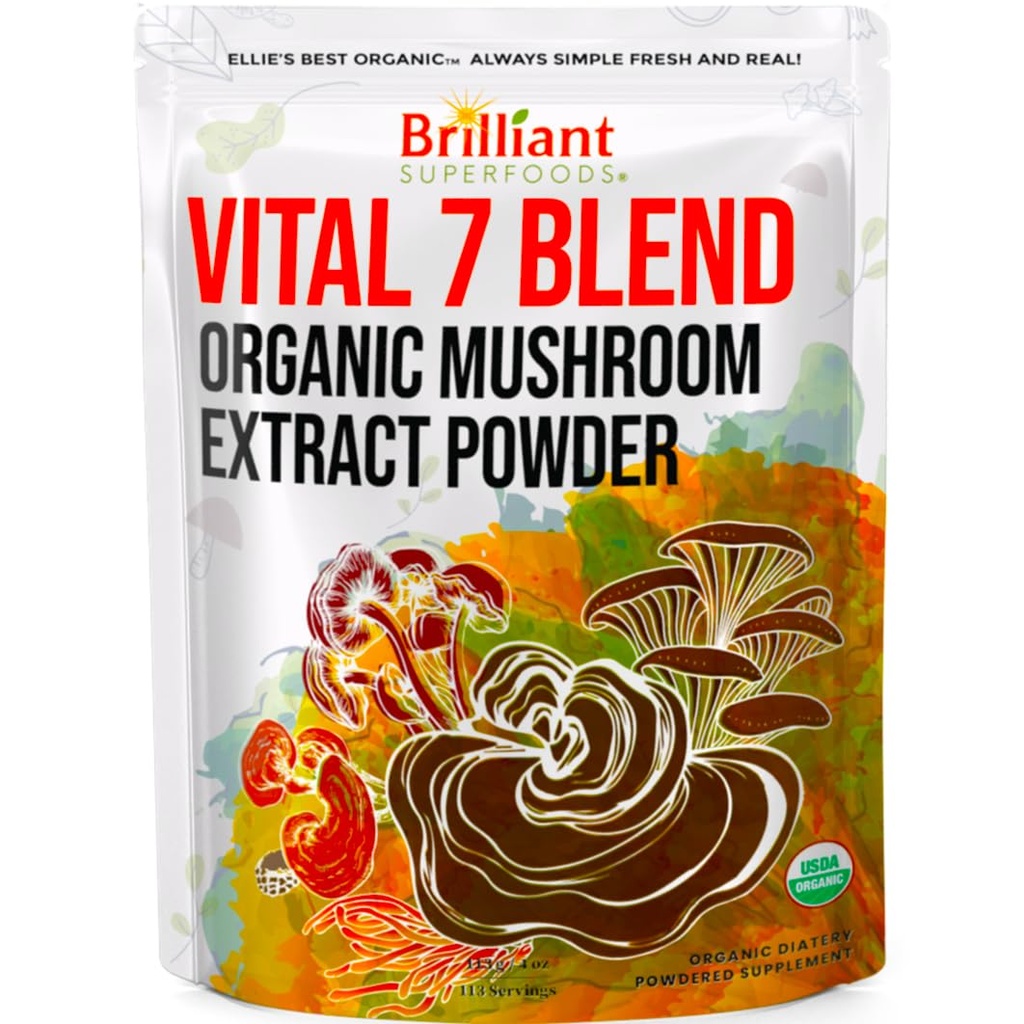 Ellie'nin En İyi 7 Mushroom Toz Taklitasyonu Organik 114 Yüksek Potency Double Extracted Cordyceps, Reishi, Türkiye Tail, Chaga, Lion's Mane - 4oz