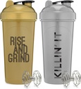 [2 Pack] 28 Ounce Proten Shaker Şişes with Mixer Agitators with Motivasyonal Wordss | Perfect for Mix protein, Pre-Workout, and Greens Drinks | BPA Free and Dishwasher Safe |Gold & Silver