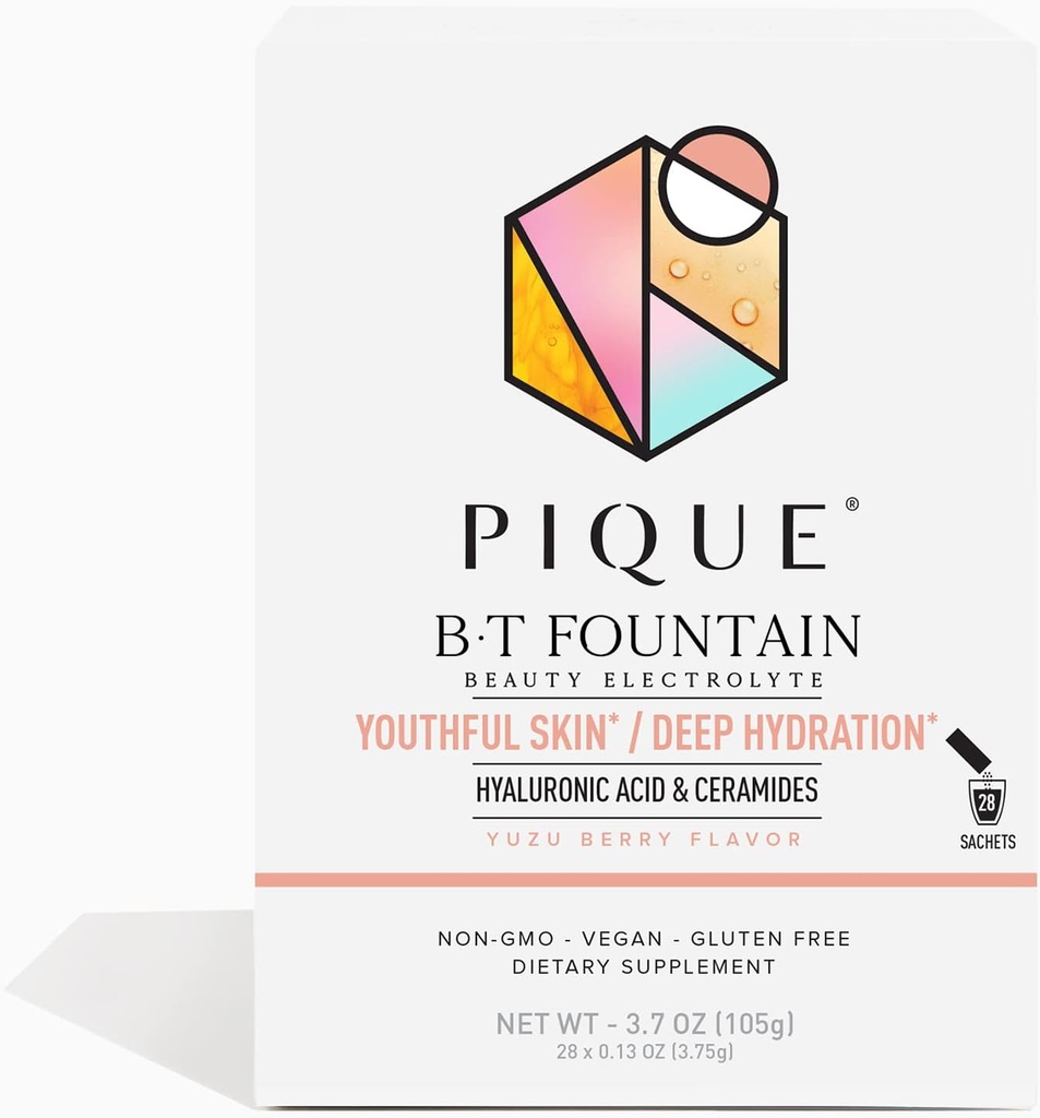 PIQUE BT Fountain Beauty Electrolyte Powder - Hydration Powder Packets with Hyaluronic Acid, Ceramides, Magnesium for Hydrated, Elastic Skin - No Added Sugar - 28 Single Serve Sticks (Pack of 1)