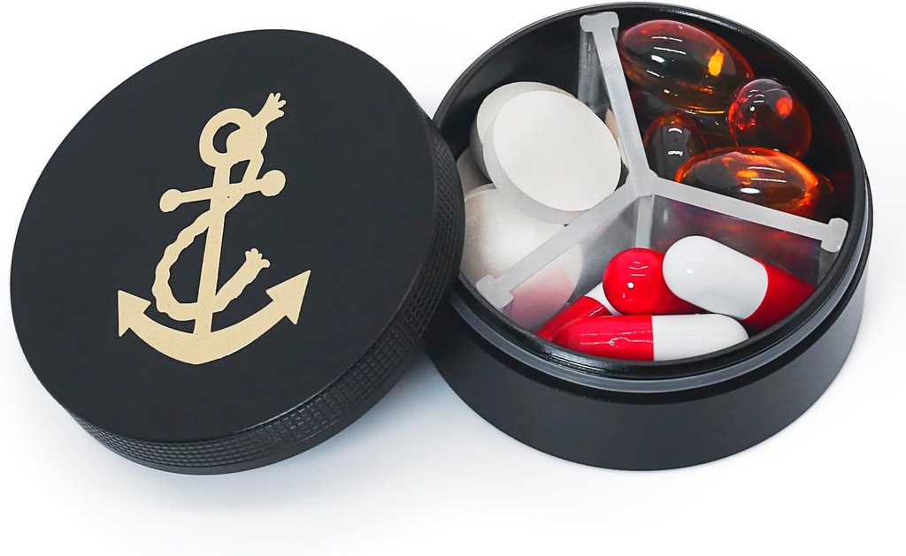 Küçük Pill Case 3 Karşılaştırma, Metal Round Portable Pill Box, Sualtı Seyahat Pill Organizer, Pocket Purse Tıp Vitamini EDC Konteyner (Black with Anchor)