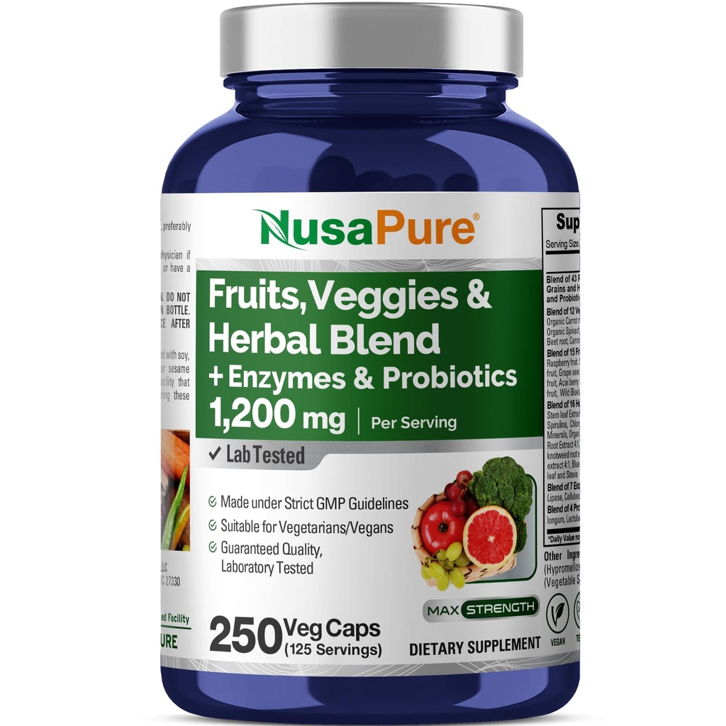 NusaPure Meyveleri ve Veggies Supplement 1200 mg 250 Capsules - 43 Meyve ve Sebzeler,11 Enzymes, Probiyotikler (Vegan/Vegetarian, Non-GMO)