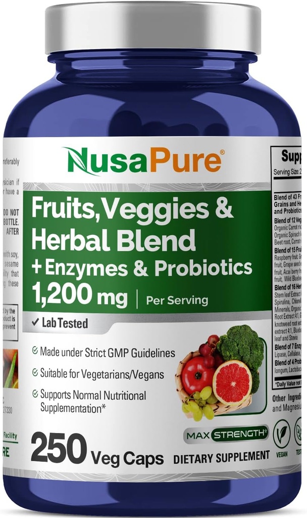 NusaPure Meyveleri ve Veggies Supplement 1200 mg 250 Capsules - 43 Meyve ve Sebzeler,11 Enzymes, Probiyotikler (Vegan/Vegetarian, Non-GMO)