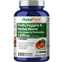 NusaPure Meyveleri ve Veggies Supplement 1200 mg 250 Capsules - 43 Meyve ve Sebzeler,11 Enzymes, Probiyotikler (Vegan/Vegetarian, Non-GMO)