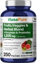 NusaPure Meyveleri ve Veggies Supplement 1200 mg 250 Capsules - 43 Meyve ve Sebzeler,11 Enzymes, Probiyotikler (Vegan/Vegetarian, Non-GMO)