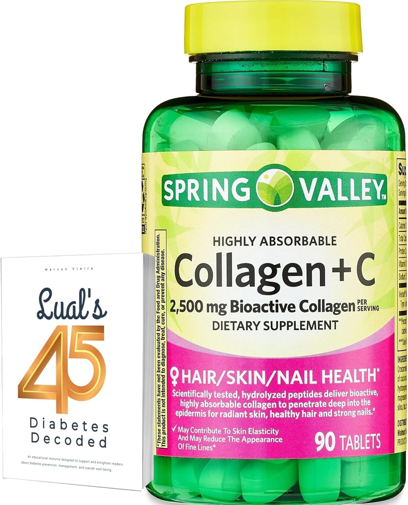 Spring Valley Collagen + C Tablets for Hair/Skin/Nail Health, 2.500 mg, 90 Count, Highly Absorbable, Collagen Plus Vitamin C Bundle with Luall's 45 Diabetes Decoded