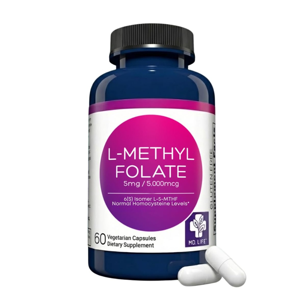 MD Life L- Methylfolate 5 mg συμπλήρωμα - Επαγγελματικό- Grade Active L Methylfolate συμπλήρωμα - 60 κάψουλες - L- Methylfolate 5mg - Μέγιστη ισχύς MTHFR W/ Essential Amino Acids
