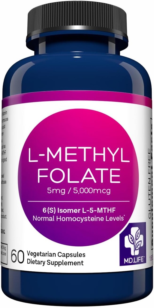 MD Life L-Methylfolate 5 mg Supplement - Professional-Grade Active L Methylfolate Supplement - 60 Capsules - L-Methylfolate 5mg - Maximum Potency MTHFR W/Essential Amino Acids