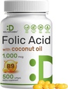 DEAL SUPPLEMENT Folic Acid 1000 mcg (1 mg), 500 Coconut Yumuşakgels | Bio available Prenatal Vitaminler (Vitamin B9) - 1.667 mcg DFE - Easy to Swallow, Non-GMO, & No Gluten