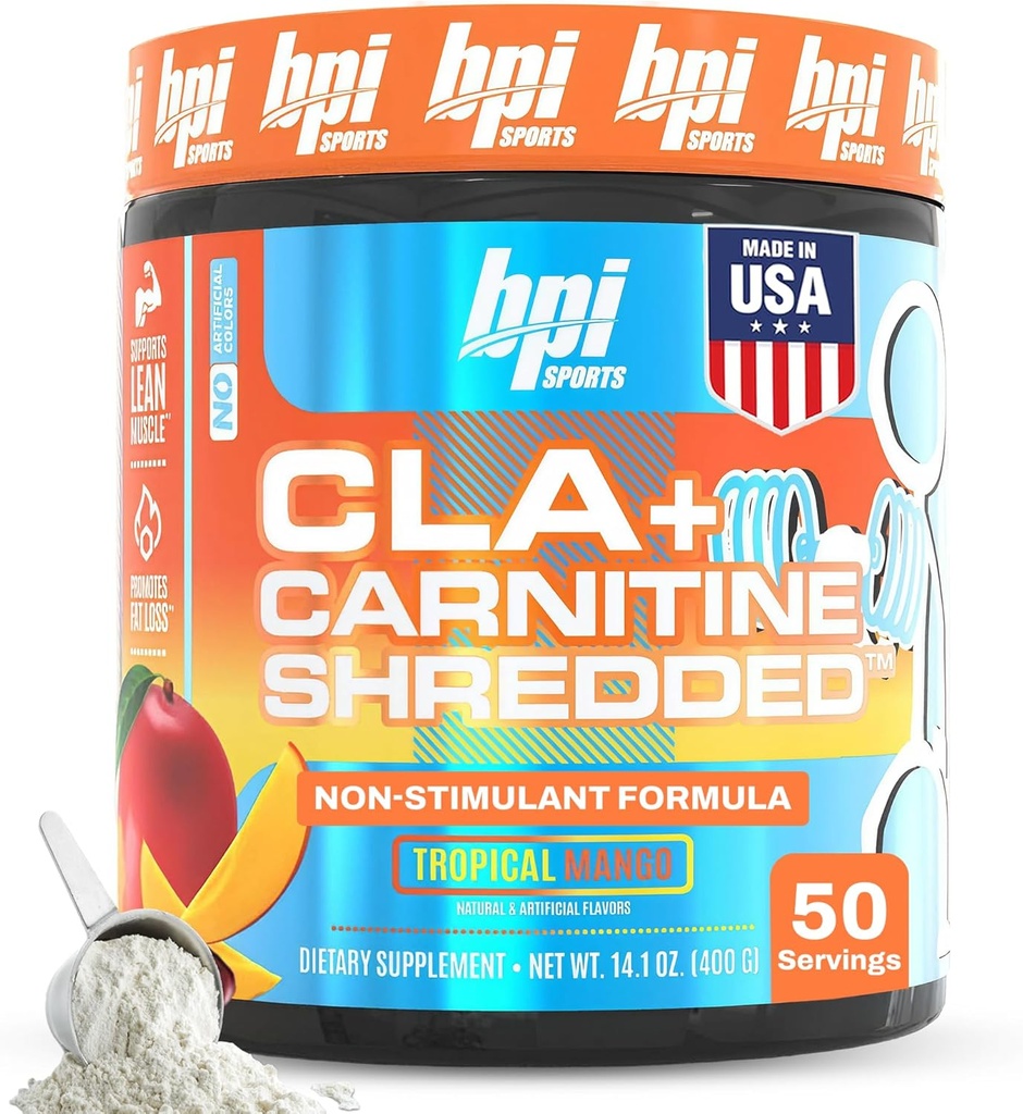 BPI Sports CLA + Carnitine Shredded - Μετατρέψτε τα λιπώδη κύτταρα σε ενέργεια και υποστηρίζει Lean Μύες, Ενίσχυση Μεταβολισμός - μη-διεγερτικό L-Καρνιτίνη συμπλήρωμα - Τροπικό Mango (14,1 oz. / 50 Υπηρεσίες)