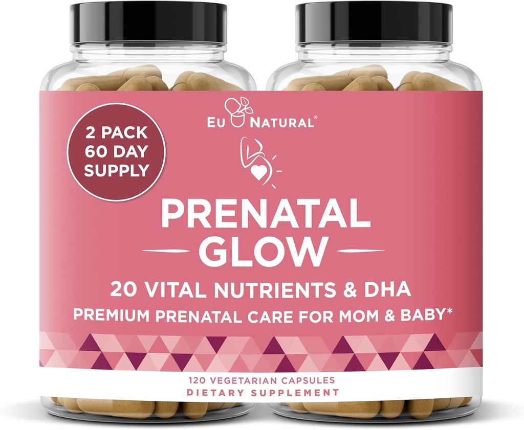 Glow Prenatal Vitaminler Kadınlar için - 20in-1 Sağlıklı Gebelik ve Fetal Kalkınma için Vital Nutrients - Folic Acid & Vegan DHA For Baby's Growth & A Comfortable Gebelik - 120 Nourishing Capsules